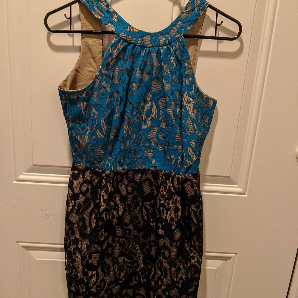 Anthro slick cocktail dress in shades of blue